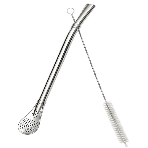 ステンレス製 茶こし付きストロー スプーン型 フィルターストロー 洗浄ブラシ付属お茶用 吸飲 撹拌用 多機能 携帯便利 アウトドアピクニックハイキング用