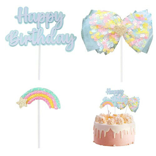 Coollooda ケーキトッパー (3点セッ) 誕生日 ケーキ飾り Happy Birthday ケーキ挿入カード 豪華 ケーキ デコレーション レインボー 可愛い カップケーキ ケーキデコレーション ブルー