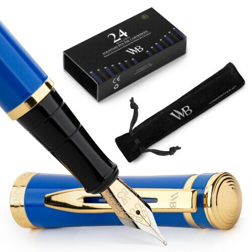 Wordsworth Black Fountain Pen Set, 18K Glided Medium Nib, Includes 24 Pack Ink Cartridges, Ink Refill Converter Gift Pouch, Gold Finish, Calligraphy, (Imperial Blue), Perfect for Men Women