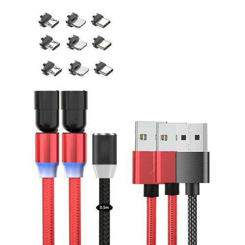 マグネット 充電ケーブル 3in1 2.4A USBケーブル L-product/Type c/Micro USB2.0 360度 180度回転 急速充電 ケーブル QC3.0 LEDライト付き 着脱式 強い磁気 防塵 (0.5mBlack 1m 2mRed)