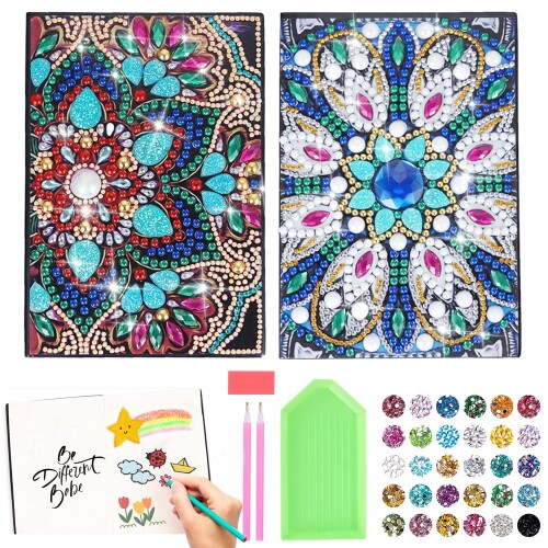 2冊セット ダイヤモンドアート 手作り デコレーション ノート 手帳 キット 5D A5 無地 日記帳 女の子向け ダイヤモンドペイント 特殊ビーズ 上質紙 メモ帳 工作キット 花柄 オシャレ 誕生