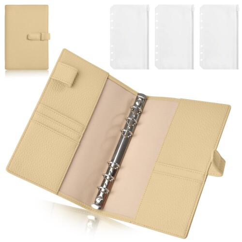 PUレザー A6予算バインダーシステム手帳 - 6穴、3個ポケット、ペンホルダー付き、5枚カード収納可 - 家計・現金管理用マネーオーガナイザー(ベージュ)