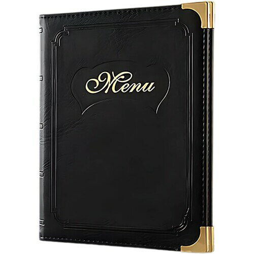 MagZen メニューブック A4対応 レザー調 7ページ14面 防水 PVC 角金具 飲食店 レストラン カフェ ホテル 業務用 (ジェットブラック)