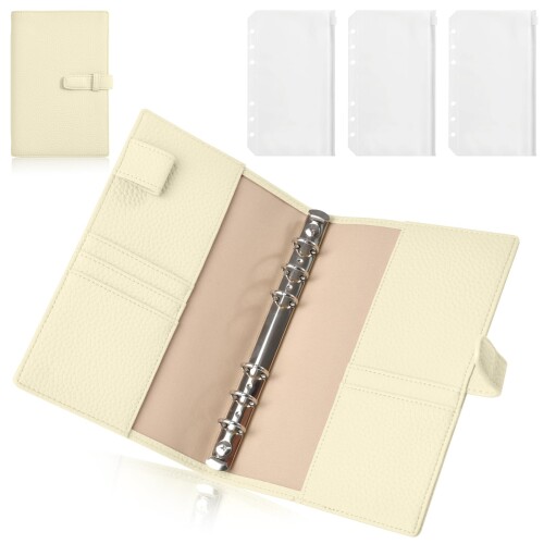 PUレザー A6予算バインダーシステム手帳 - 6穴、3個ポケット、ペンホルダー付き、5枚カード収納可 - 家計・現金管理用マネーオーガナイザー(ホワイト)