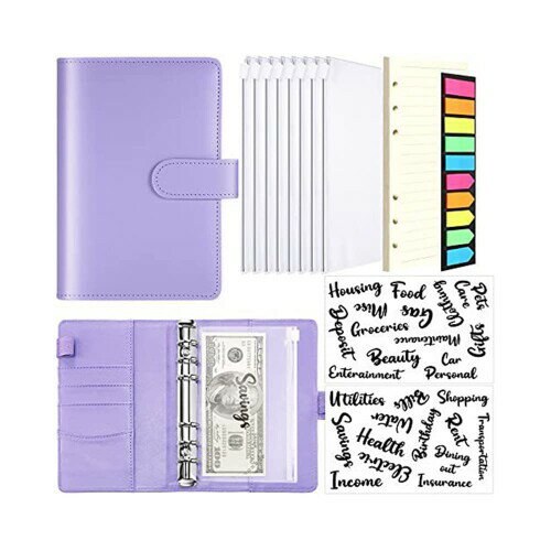 Costowns システム手帳 A6予算バインダー ジッパー封筒付 6穴 予算バインダーポケット8個付き リフィル40枚付属 ペンホルダー付き4枚カード収納可2...