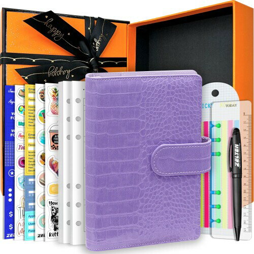 PUレザーパーソナルノートプランナー67ページ付きプランナーペーパー6穴リングバインダーペンホルダー磁気バックル (Lavender Crocodile Pattern, A6 Gift Box)