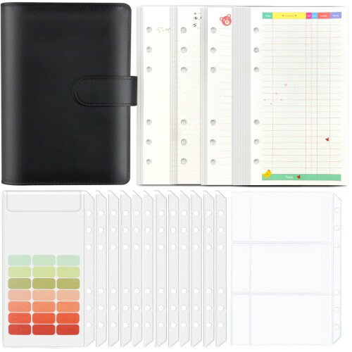 SYOUGO お金管理ポーチ お金わけるファイル 12枚袋分け付き 2枚カード収納ファイル PU A6 6穴 貯金バインダー 現金管理 グッズ システム手帳 メモ帳用 ブラック