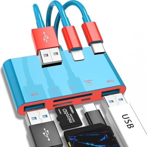 5-in-1メモリカードリーダー Phone/Pad用USB OTGアダプタ＆SDカードリーダー マイクロSD＆SDカードスロット付きUSB CおよびUSB Aデバイス SD/マイクロSD/SDHC/SDXC/MMC対応(BlueRed)