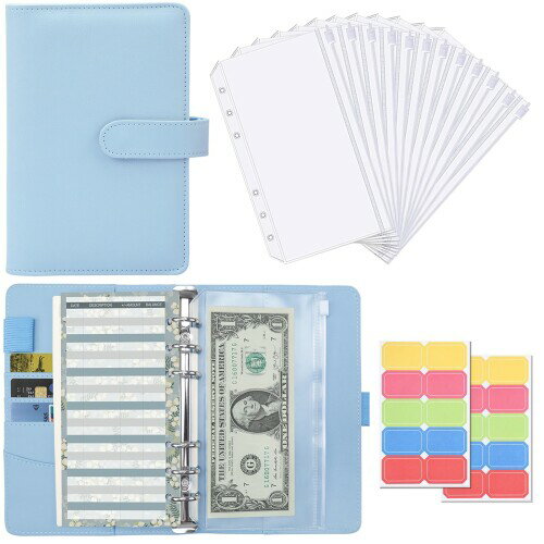 Sitengle A6 バインダー 6穴 予算バインダー PUレザー ポケット12個付き ラベル付き便利セット 家計管理 お金管理 家計簿 書類・伝票・名刺・メモ紙入れ ルーズリーフバインダー システム手