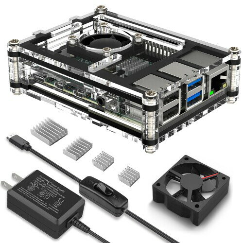 Smraza Raspberry Pi 4 ケース ラズベリー・パイ 4 用ケース＋冷却ファン＋ヒートシンク 5V 3A USB-C Raspberry Pi 4 USB-C (Type C）電源付き (ラズパイ4本体含みません）