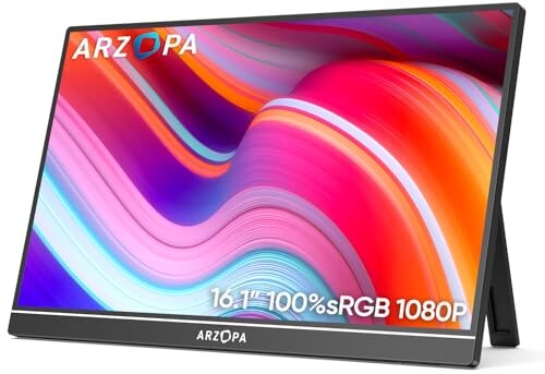 ARZOPA モバイルモニター 16.1インチ 100％ sRGB広色域 ポータブルモニター 自立型ゲームモニター 非光沢IPS液晶パネル 薄型 軽量 1920x1080 FHD モード/ブルーカット機能 USB Tpye-C/mini HDMI/スピーカ