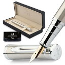 Wordsworth & Black 万年筆セット、幅広ペン先、24パックインクカートリッジ、インクリフィルコンバーター&ギフトボックス付き、クローム仕上げ、カ...