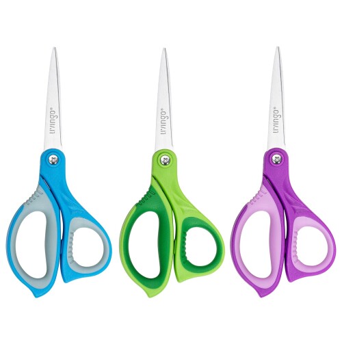 LIVINGO 学校子供用はさみ - 鋭利で先端が尖ったハサミ 小学生 先生 工作 中学校 高校 大学 オフィス 家庭 右利き・左利き用はさみ 青、緑、紫、3点...