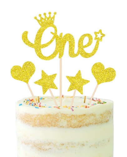 WishFirst ケーキ飾り 両面 フラッシュ キラキラ 1歳 ケーキトッパー 5点セット one 赤ちゃん 果物 お..