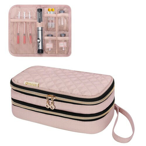 YARWO 二層式インスリンケース おしゃれ 血糖測定器 収納ポーチ 小物収納 大容量 インスリンポーチ ピンク