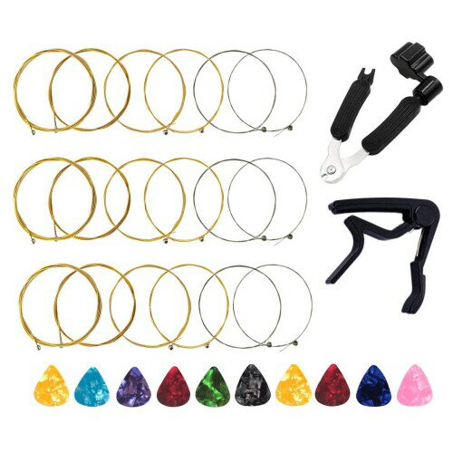 アコースティックギターストリング3フルセット1ピースのギターカポと1ピースのギター弦楽器ツールと10ピースのギターピック付き