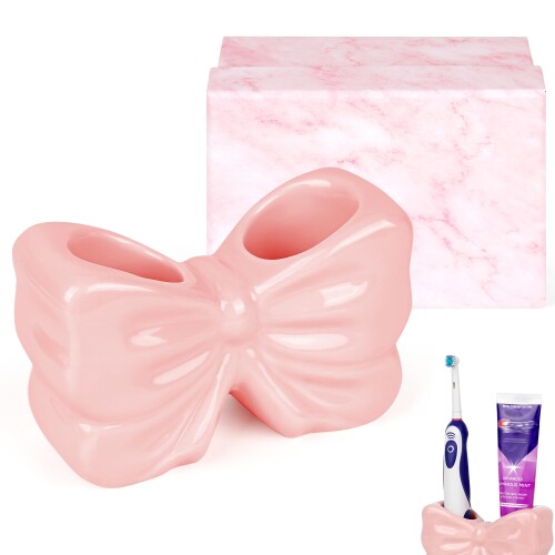 Biiange Bow 電動歯ブラシホルダー セラミック かわいい 歯磨き粉ホルダー 排水穴付き バスルームカウンタートップアクセサリー 歯磨き粉 電動歯ブラシ&交換用ヘッド用 (ピンク)