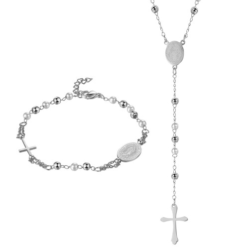 (Aroncent) クロス 十字架 ブレスレット ネックレス セット: ビーズ パール 数珠 念珠 チェーン レトロ アンティーク風 シンプル オシャレ ホワ...