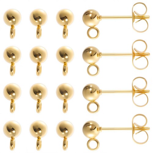 SUNNYCLUE 1箱40個 0.8mm 金色 ステンレス 丸玉 ピアス パーツ ゴールド スタッド ピアス パーツ カン 付き キャッチナット付き ポストピアス ゴールデン 金具 ピアスパーツ 耳飾り ピアスパー