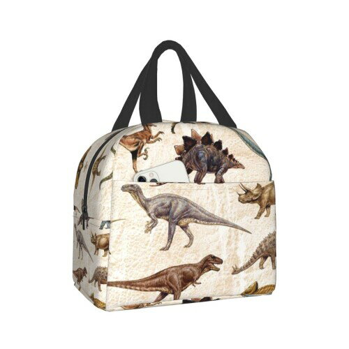 LDU ブラック恐竜パターン カートゥーンランチバッグ ブラックお弁当箱 保温保冷バッグ ファスナー付き..