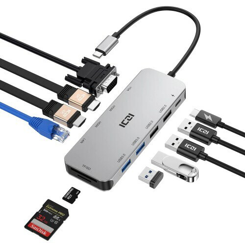 ǥ奢HDMI ICZI USB C ϥ 11-in-1 ȥץǥץ쥤 Type C ϥ 4K 30Hz HDMI 1080P VGA USB 3.0 100W PDб ͥå SD/TF ޥǥץ졼 Type C Ѵץ ɥå󥰥ơ MacB