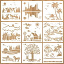 Rolin Roly 抽象的 風景画用テンプレート 製図用 9種類 20x20cm テンプレート 森林 都市 ビーチ 農場要素 DIYスクラップ ステンシルシー...
