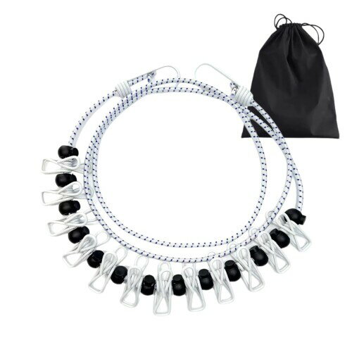 物干しワイヤー 洗濯ひも 12個クリップ付き 旅行 洗濯物干し キャンプ ロープ 防風 弾力 伸縮 携帯便利 室内 屋外 梅雨 部屋干し 収納袋付き