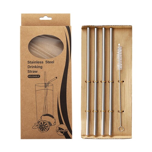 ステンレスストロー ステンレス製ストロー 耐熱性、繰り返し使用可能、安全、無毒、環境に優しい、クリーニングブラシ付き、4本セット (ストレート4PC)