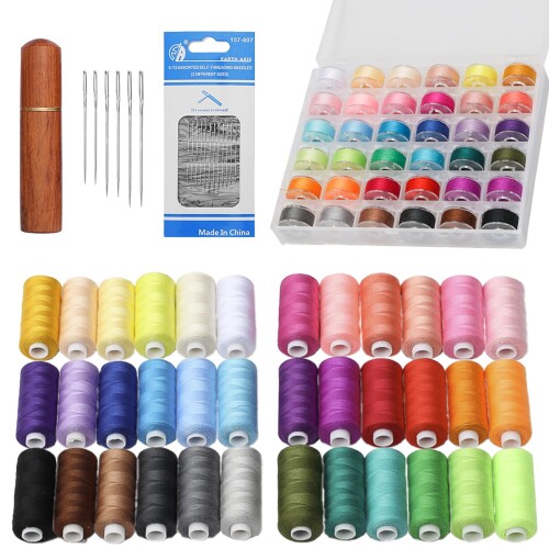 PREMIUMM ミシン糸 ボビンセット 36色 365m 60番 ポリエステル 収納ケース付き ボビン+針