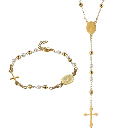 (Aroncent) クロス 十字架 ブレスレット ネックレス セット: ビーズ パール 数珠 念珠 チェーン レトロ アンティーク風 シンプル オシャレ ホワ...