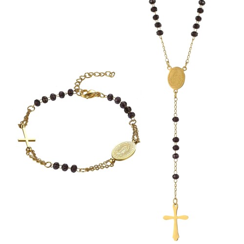 (Aroncent) クロス 十字架 ブレスレット ネックレス セット: ビーズ パール 数珠 念珠 チェーン レトロ アンティーク風 シンプル オシャレ ブラ...