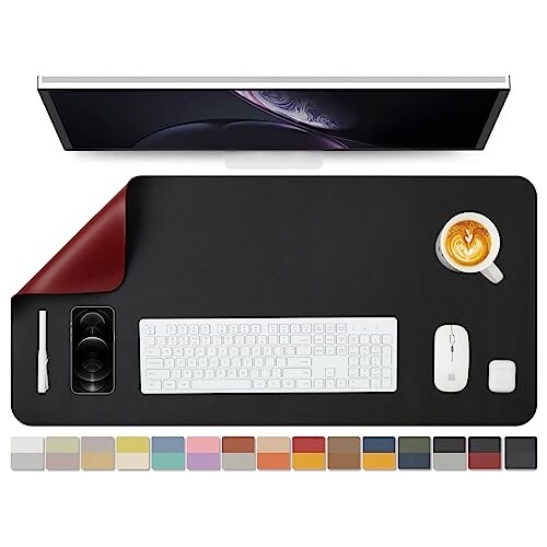 両面PUデスクマット、大型マウスパッド、デスクプロテクター、防水キーボードマット、オフィス/家庭/ゲーム/装飾に適した(黒+赤、90cm*43cm)