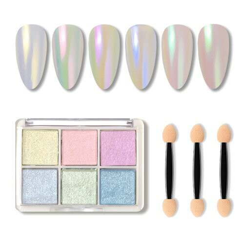 ミラーネイル パウダー 6色 パレット オーロラパウダー 固形 ネイルパウダー ネイルアート グリッター ラメ キラキラ ネイル＆レジン用 スポンジチップ付き