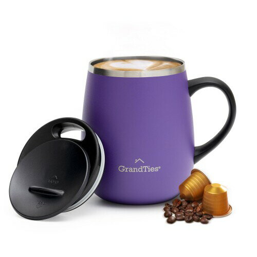 GRANDTIES グランタイズ 全19色 プレミアム真空断熱マグカップ 460ml 簡単開閉スライド蓋付き ステンレス製 二重壁真空断熱構造 保温・保冷機能付き オフィスでも人気(スパークリンググレ