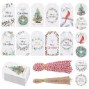 HICOHAND クリスマス ペーパー ギフトタグ 紐付き, クリスマスネームタグ 紐付き 水彩植物 メリークリスマス 季節の願い 吊り下げラベル 穴あき済み ...