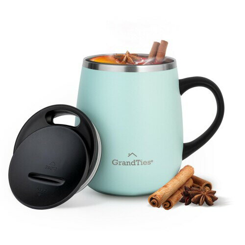 GRANDTIES グランタイズ 全19色 プレミアム真空断熱マグカップ 460ml 簡単開閉スライド蓋付き ステンレス製 二重壁真空断熱構造 保温・保冷機能付き オフィスでも人気(パウダーグリーン)