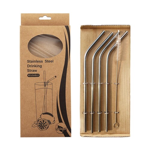 ステンレスストロー ステンレス製ストロー 耐熱性、繰り返し使用可能、安全、無毒、環境に優しい、クリーニングブラシ付き、4本セット (カーブ幅4PC)