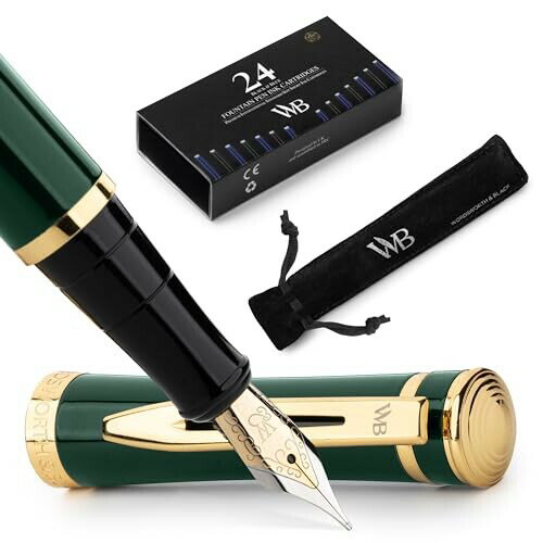 Wordsworth Black Fountain Pen Set, 18K Glided Medium Nib, Includes 24 Pack Ink Cartridges, Ink Refill Converter Gift Pouch, Gold Finish, Calligraphy, (Racing Green), Perfect for Men Women