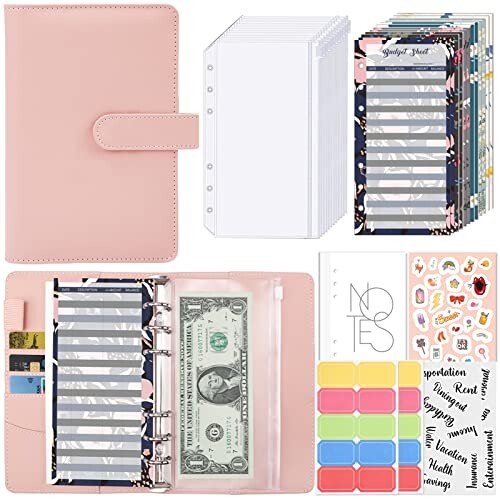 Sitengle A6 バインダー 6穴 予算バインダー PUレザー ポケット12個付き ラベル付き便利セット 家計管理 お金管理 家計簿 書類・伝票・名刺・メモ紙入れ ルーズリーフバインダー システム手