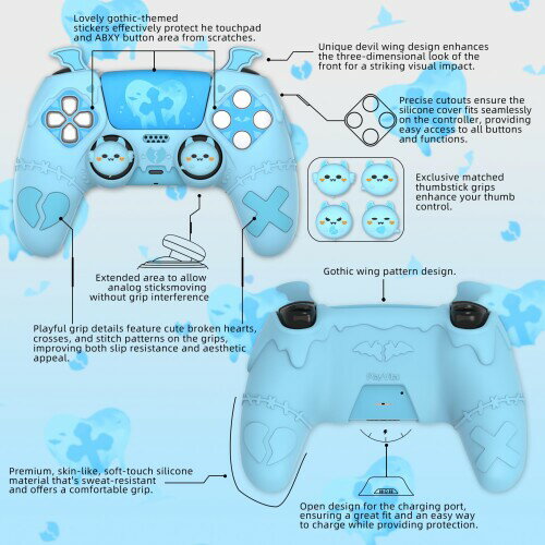 PlayVital Gothic Imp ps5コントローラー対応用可愛い保護カバー、サムグリップキャップ4個やステッカー6枚付属、ps5 コントローラー対応用グリップカバー、公式ps5充電ステーション対応