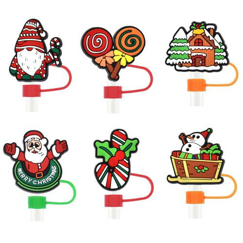 HOMMDECO 6PCSクリスマスのわらカバー帽子のシリコーンのわらのトッパーの保護装置のクリスマスの飲むわらの先端かわいい家のわらカバーDIYの休日の飲む装飾のギフト