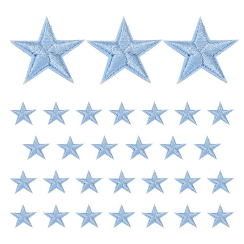 刺繍ワッペン アイロンパッチ 五つ星 ライトブルー アップリケ 衣類 装飾 DIY 修理 星型 ハンドメイド 30枚セット NYANDELMO ND-0195-R04-LB