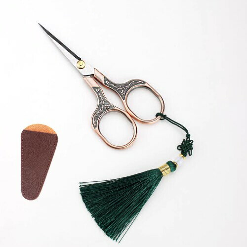 桜のエンボス加工入りミニハサミ 9.4cmX4.7cm 40g ブロンズ ハサミ ミニ はさみ コンパクト アンティークハンドメイドシザー(保護ケース付