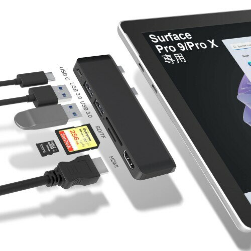 Surface Pro9 USBハブ 6-in-2拡張 マルチポート Thunerbolt4 USBC 4Kディスプレイ 40Gbpsデータ PD充電 | HDMI | USB3.0ポート | microSD TF SDカードリーダー MicrosoftサーフェスプロX|9専用ドッキングステーショ