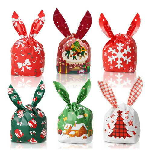 クリスマス ラッピング 袋 60枚セット ウサギ袋 ギフト バッグ プレセント ギフト袋 ビニール袋 両面印刷 クリスマス袋 包装 小分け お菓子 チョコ キャンディー 贈り物 結び袋