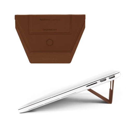 FoldStand Laptop ラップトップスタンド パソコンスタンド 超薄型 超軽量 貼り付け 排熱機能 アンチスリップ 繰り返し使える 本革 茶色