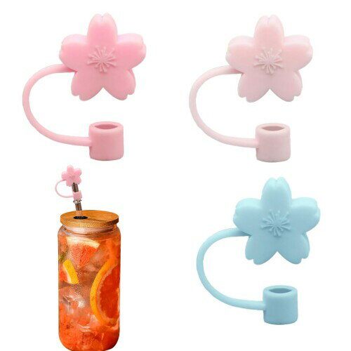 Liroyal ストローキャップ (3pcs) シリカゲルストローカバー ストローチップカバー シリコン製 耐久性 漏れ防止 防塵防滴 再利用可能な かわいい さくら 装飾用 飲用 インテリア用 適用7-8 mm