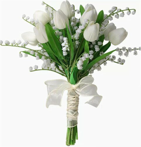 siawadeky ウエディングブーケ 花嫁ブーケ 12本セット リボン付き 白 造花 スズラン チューリップ ブライダルブーケ 造花花束 結婚式 パーティー ニ次会 撮影 DIY 手作り 結婚祝い プレゼン