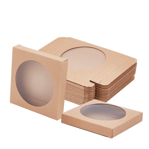 Rakuten - BENECREAT 24個9x9x1.5cm クラフト紙ギフトボックス 丸クリア窓 アクセサリーボックス 贈り物 ラッピングボックス プレゼントボックス (木の色)