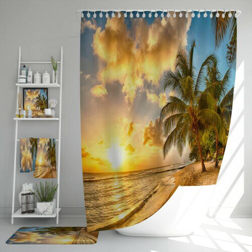 U-SITU シャワーカーテン お風呂 浴室カーテン 防水加工 防カビ 着替え所の目隠し おしゃれ ビーチ 青空 海浜 青海 夏 風景 景色 速乾 雰囲気転換（丈150 x 幅150 cm）YL0039S